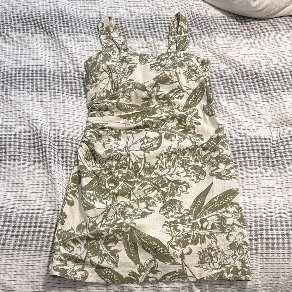 Abercrombie Floral Green and Cream Ruched Linen-Blend Mini Dress - Tall